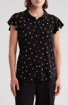 Adrianna Papell Flutter Sleeve Button-up Shirt In Black/khaki Double Dot