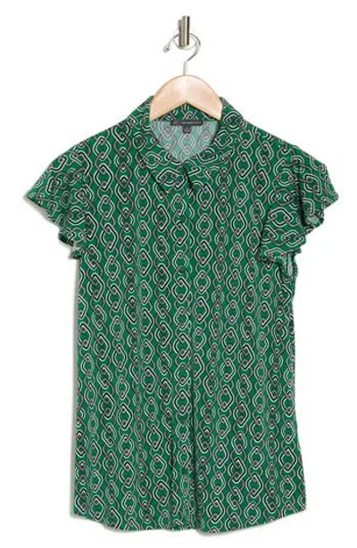 Adrianna Papell Flutter Sleeve Button-up Shirt In Kimi Green Chain Multi
