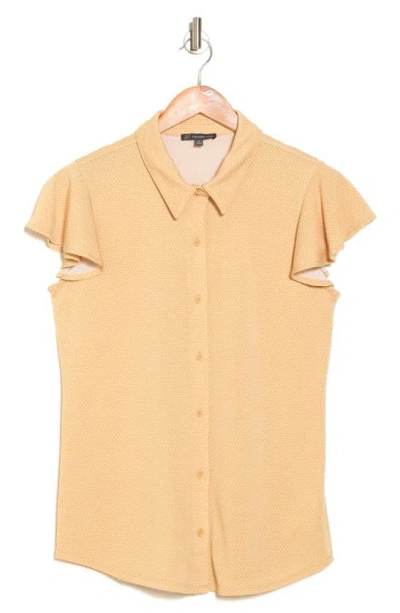 Adrianna Papell Flutter Sleeve Button-up Shirt In Maize/ Ivory Little Dot