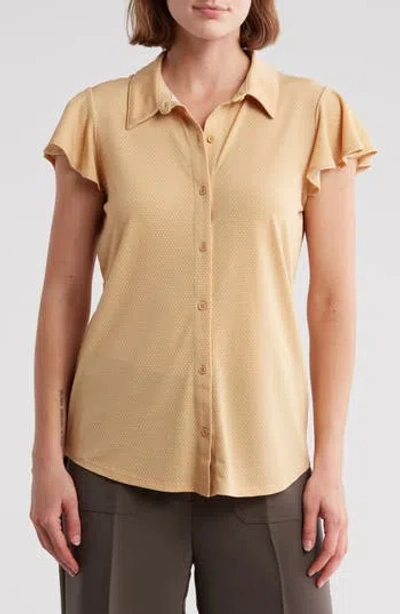 Adrianna Papell Flutter Sleeve Button-up Shirt In Maize/ivory Little Dot