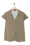 Adrianna Papell Flutter Sleeve Crepe Button-up Top In Army Green Scribble Daisy