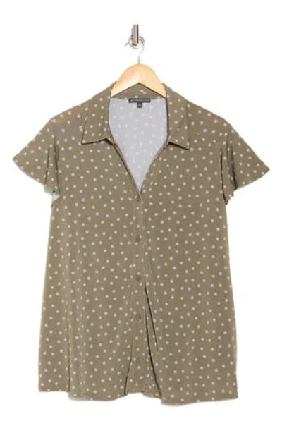 Adrianna Papell Flutter Sleeve Crepe Button-up Top In Army Green Scribble Daisy