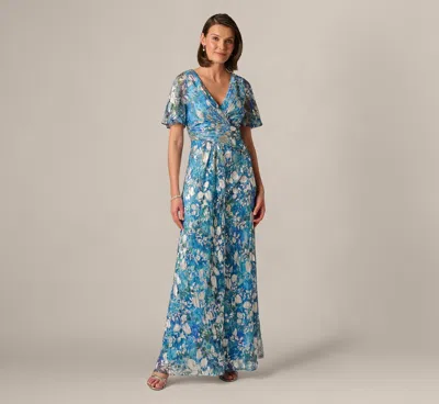Adrianna Papell Flutter Sleeve Crinkle Foil Floral Gown In Blue Multi