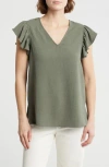 Adrianna Papell Flutter Sleeve Crinkled Satin Blouse In Olivine