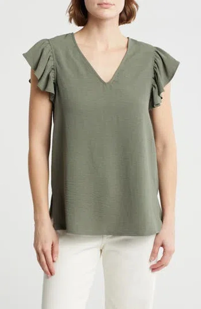 Adrianna Papell Flutter Sleeve Crinkled Satin Blouse In Olivine