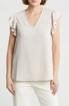 Adrianna Papell Flutter Sleeve Crinkled Satin Blouse In Pebble