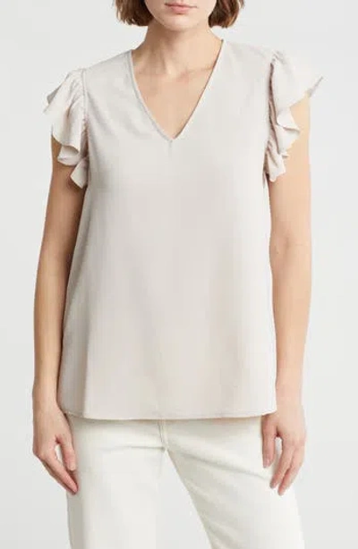 Adrianna Papell Flutter Sleeve Crinkled Satin Blouse In Pebble