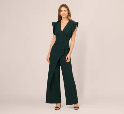 Adrianna Papell Flutter Sleeve Faux Wrap Jumpsuit In Dark Green