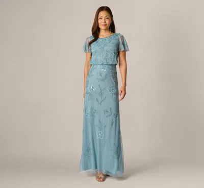 Adrianna Papell Flutter Sleeve Floral Beaded Blouson Gown In Air Sky In Blue