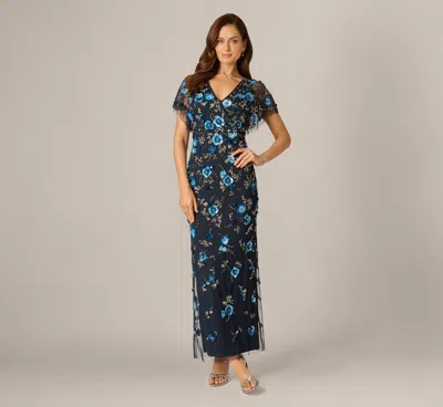Adrianna Papell Flutter Sleeve Floral Beaded Column Gown In Midnight Multi