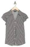 Adrianna Papell Flutter Sleeve Knit Button-up Shirt In Black/ivory Small Stripe