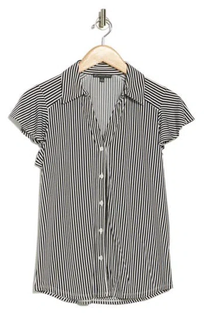 Adrianna Papell Flutter Sleeve Knit Button-up Shirt In Black/ivory Small Stripe