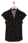 Adrianna Papell Flutter Sleeve Knit Button-up Shirt In Black/khaki Double Dot