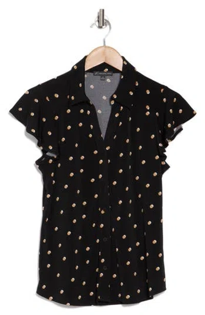 Adrianna Papell Flutter Sleeve Knit Button-up Shirt In Black/khaki Double Dot
