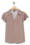 Adrianna Papell Flutter Sleeve Knit Button-up Shirt In Cocoa Tiny Cheetah