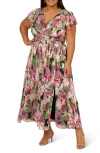Adrianna Papell Flutter Sleeve Metallic Floral Maxi Cocktail Dress In Pink