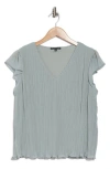 Adrianna Papell Flutter Sleeve Pleated Top In Dusty Sea Mist