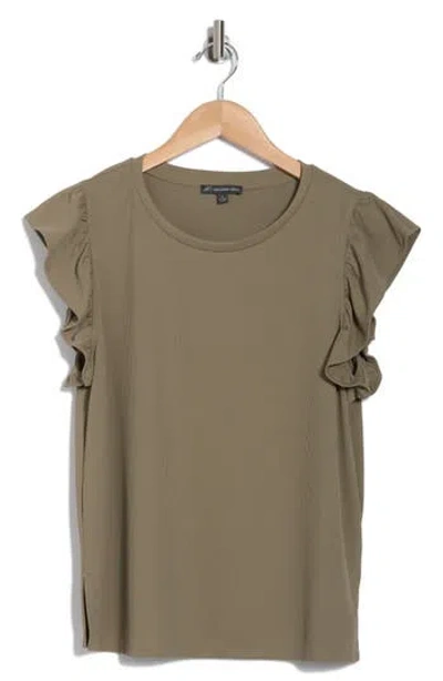 Adrianna Papell Flutter Sleeve Ribbed T-shirt In Army Green