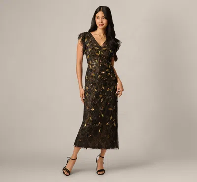 Adrianna Papell Flutter Sleeve Sequin Beaded Lace Ankle Length Dress In Black Gold In Brown