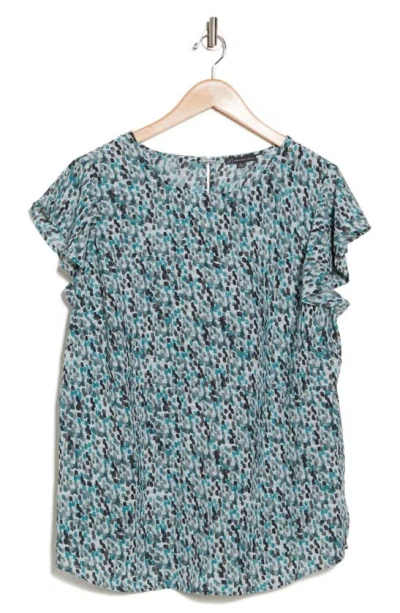Adrianna Papell Flutter Sleeve Top In Aqua Watercolor Dot