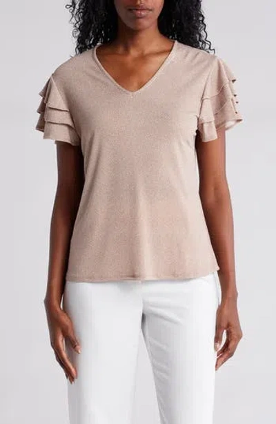 Adrianna Papell Flutter Sleeve Top In Cocoa/ivory Micro Dot