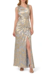 Adrianna Papell Foil Asymmetric Neck Gown In Gray