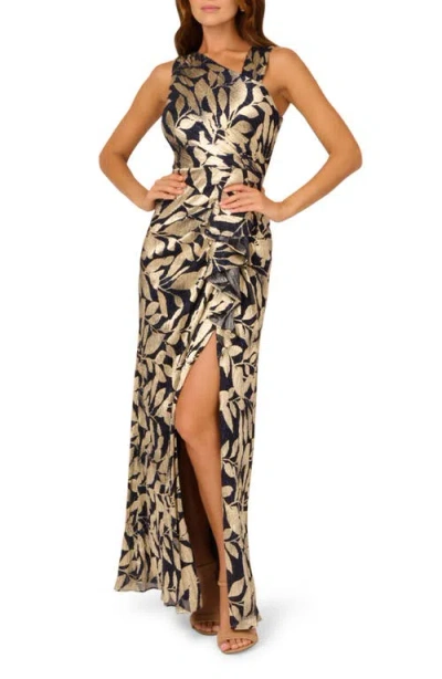 Adrianna Papell Foil Printed Asymmetric Gown With Ruffled Detail In Navy Gold In Multi