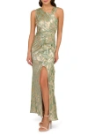 Adrianna Papell Foil Leaf Asymmetric Gown In Sage/ Gold