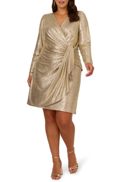 Adrianna Papell Foil Drape Long Sleeve Dress In Light Gold