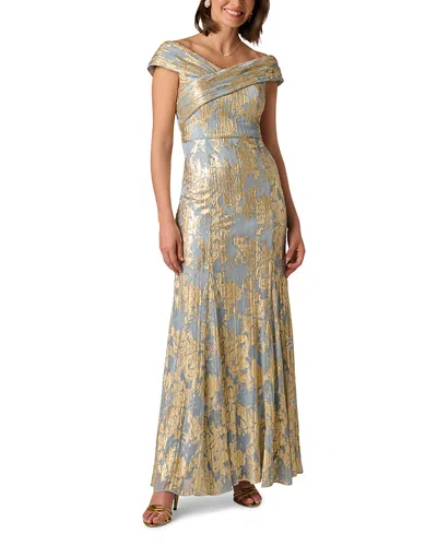 Adrianna Papell Plus Size Foil Leaf Off-the-shoulder Mermaid Gown In Blue