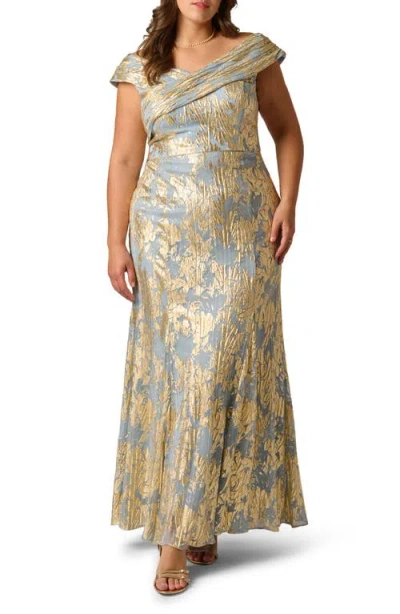 Adrianna Papell Plus Size Foil Leaf Off-the-shoulder Mermaid Gown In Blue