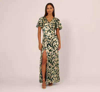 Adrianna Papell Foil Leaf Short Sleeve Gown With Draped Details In Green Pine Gold In Multi