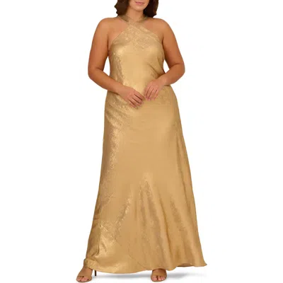 Adrianna Papell Foil Woven Halter Gown In Light Gold