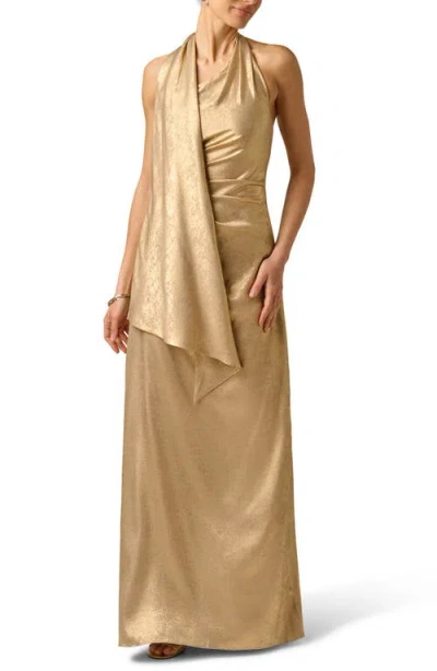 Adrianna Papell Foiled Chiffon Maxi Gown In Gold