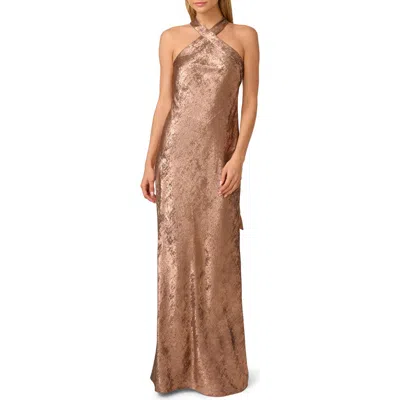 Adrianna Papell Foiled Trumpet Gown In Brown