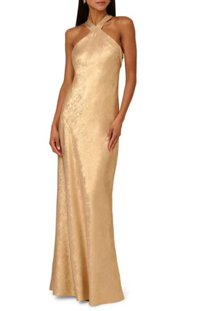 Adrianna Papell Foiled Trumpet Gown In Light Gold