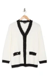 Adrianna Papell Frayed Edge Colorblock Cardigan In Ivory/black