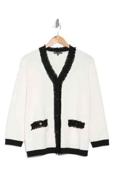 Adrianna Papell Frayed Edge Colorblock Cardigan In Ivory/black