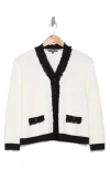 Adrianna Papell Frayed Edge Colorblock Crop Cardigan In Ivory/black