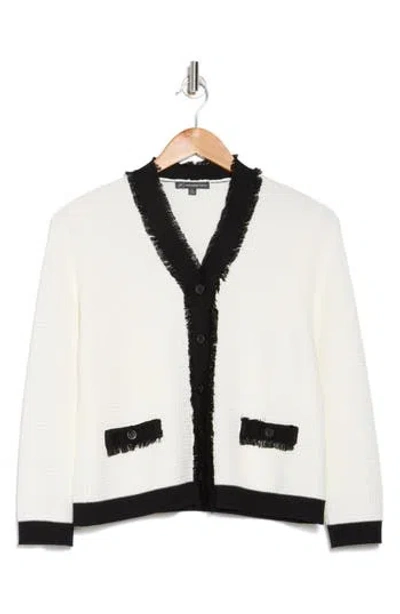 Adrianna Papell Frayed Edge Colorblock Crop Cardigan In Ivory/black
