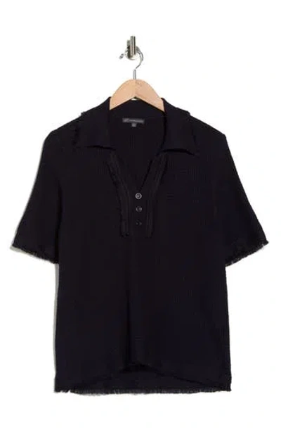 Adrianna Papell Frayed Edge Johnny Collar Polo In Black