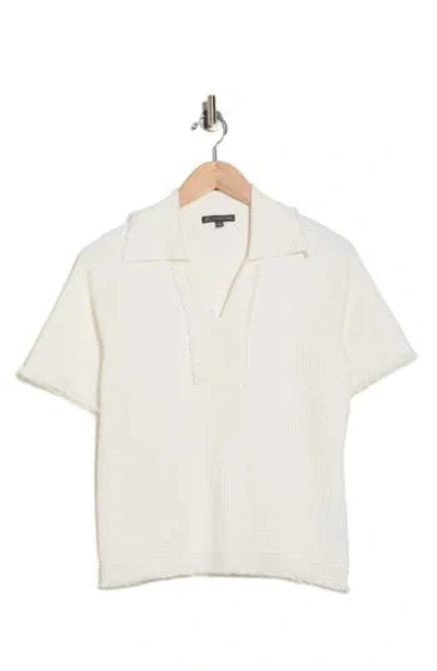 Adrianna Papell Frayed Edge Johnny Collar Polo In White
