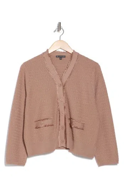 Adrianna Papell Frayed Waffle Knit Cardigan In Cocoa
