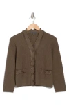 Adrianna Papell Frayed Waffle Knit Cardigan In Cool Olive