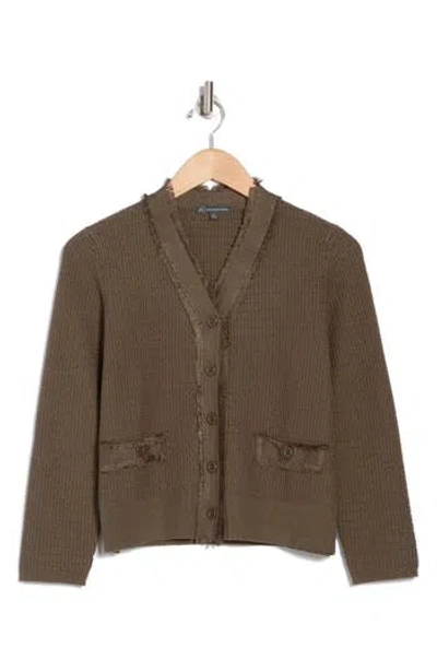 Adrianna Papell Frayed Waffle Knit Cardigan In Cool Olive