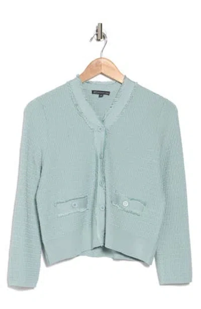 Adrianna Papell Frayed Waffle Knit Cardigan In Dusty Sea Mist