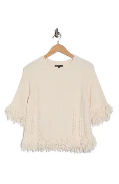 Adrianna Papell Fringe Edge Three-quarter Sleeve Sweater In Neutral