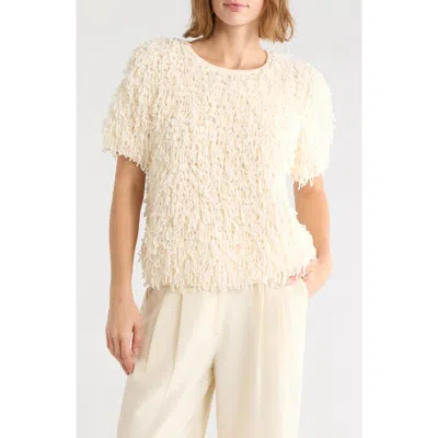 Adrianna Papell Fringe Short Sleeve Sweater In Neutral