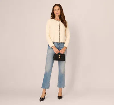 Adrianna Papell Fringe Trim Boucle Tweed Cardigan Jacket In Ivory Black In Blue