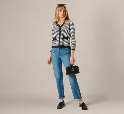 Adrianna Papell Fringe Trim Cardigan Sweater In Navy Ivory In Blue